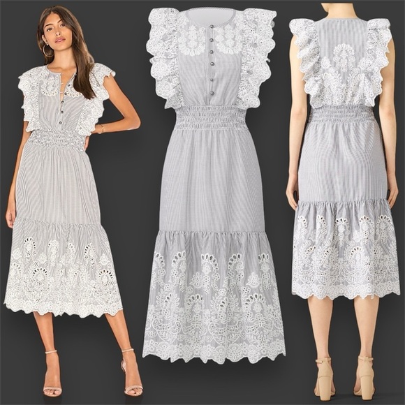 Saylor Striped Gray White Floral Embroidered Midi Dress Wedding Romantic Cottage - Picture 1 of 13